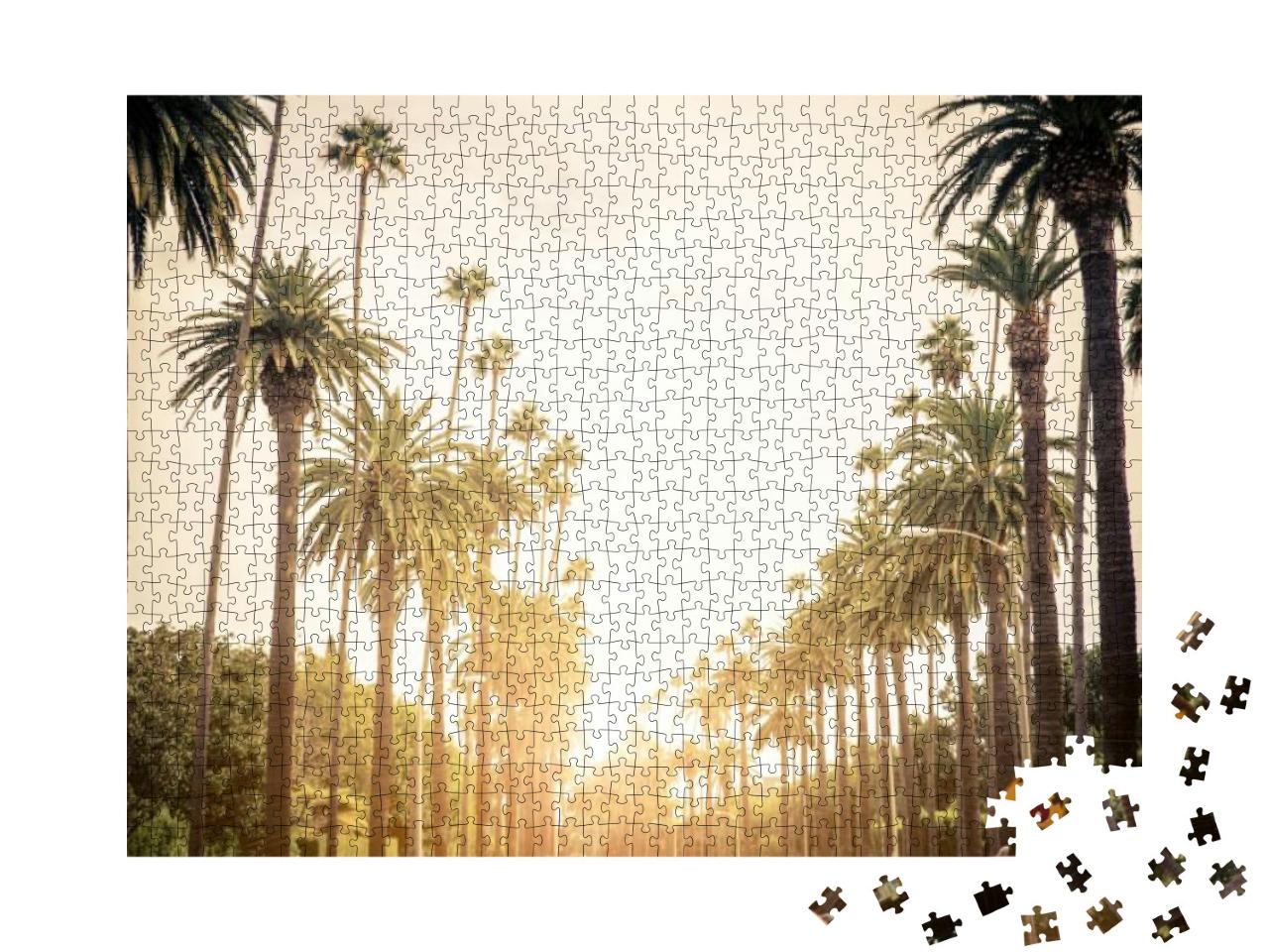 Beverly Hills Street with Palm Trees At Sunset, Los Angel... Jigsaw Puzzle with 1000 pieces