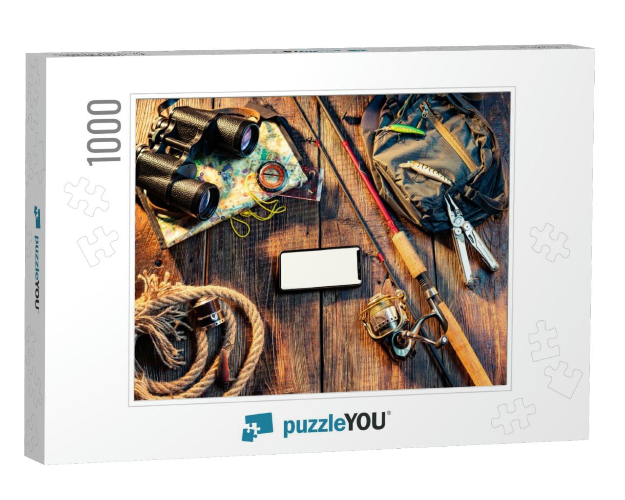 Fishing Tackle on a Wooden Background. Fishing Compositio... Jigsaw Puzzle with 1000 pieces