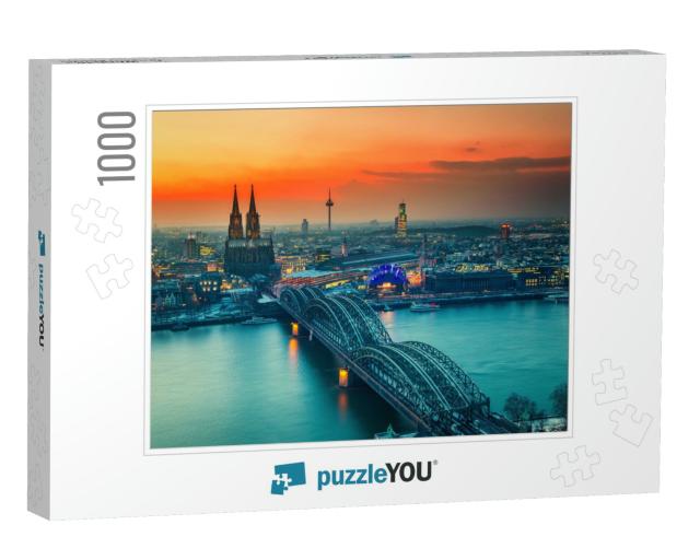 Cologne Cathedral & Hohenzollern Bridge At Night, Germany... Jigsaw Puzzle with 1000 pieces