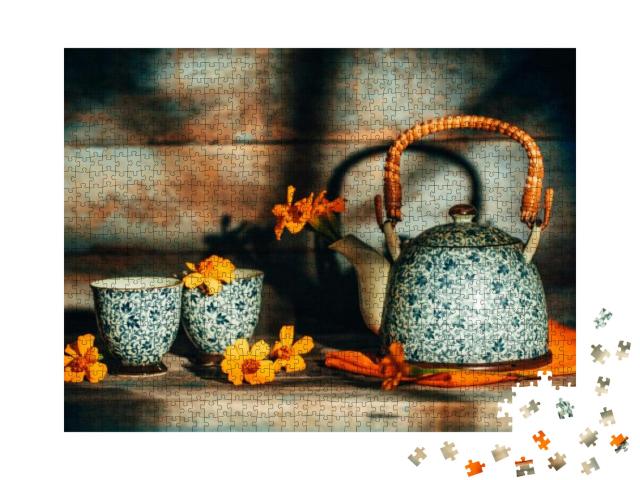 Still Life with Chernobrivtsi Flowers in Vintage Teapot &... Jigsaw Puzzle with 1000 pieces