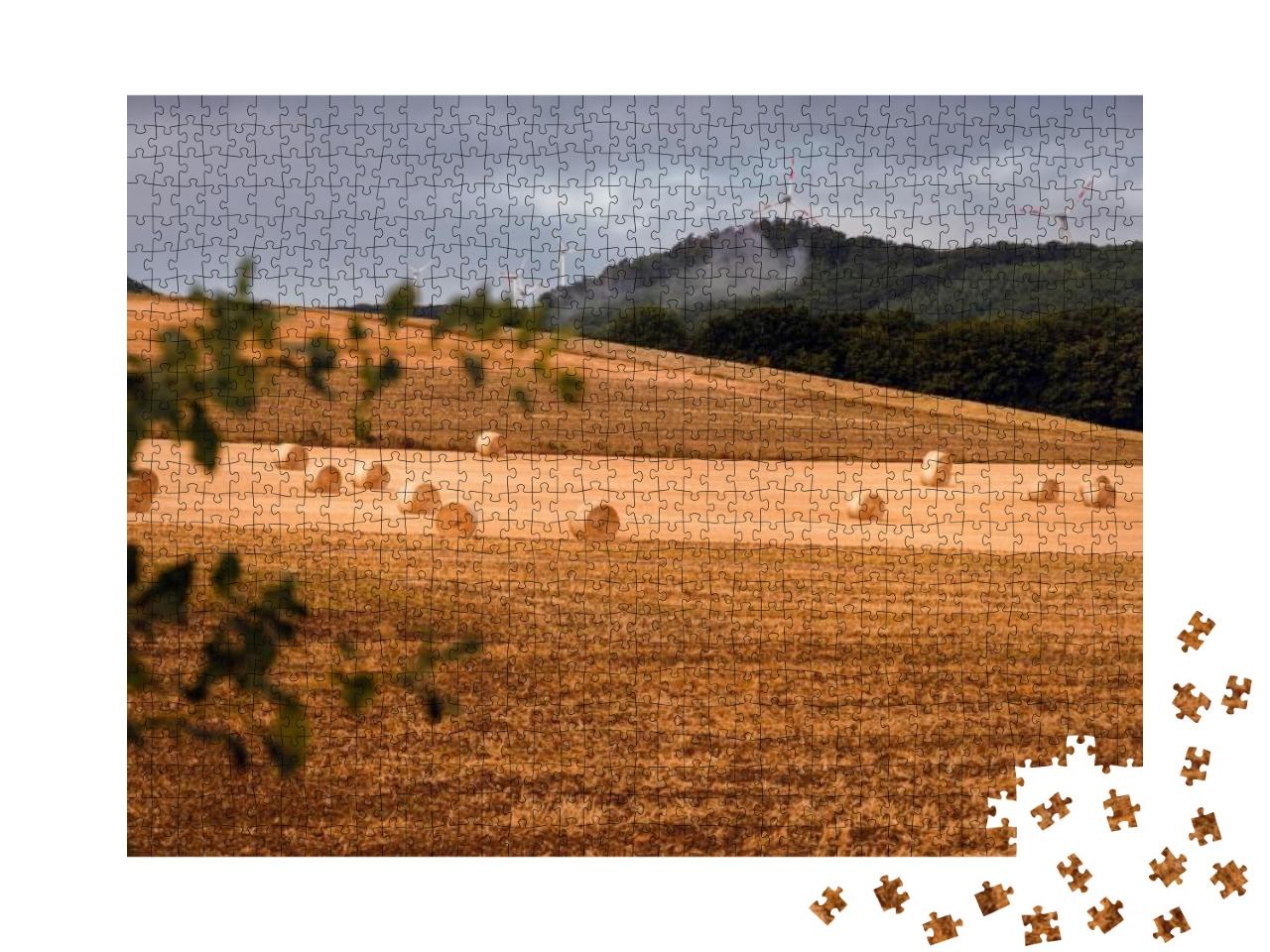 Landscape with Circular Straw Bales & Wind Turbines Under... Jigsaw Puzzle with 1000 pieces