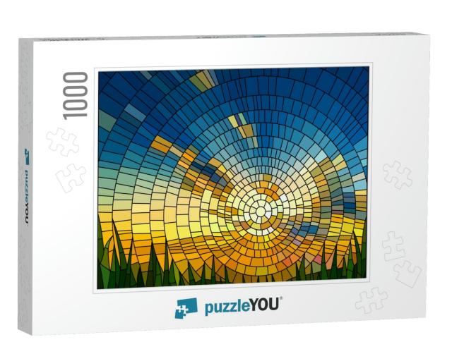 Vector Illustration of Sunset in Blue Sky in Grass Staine... Jigsaw Puzzle with 1000 pieces