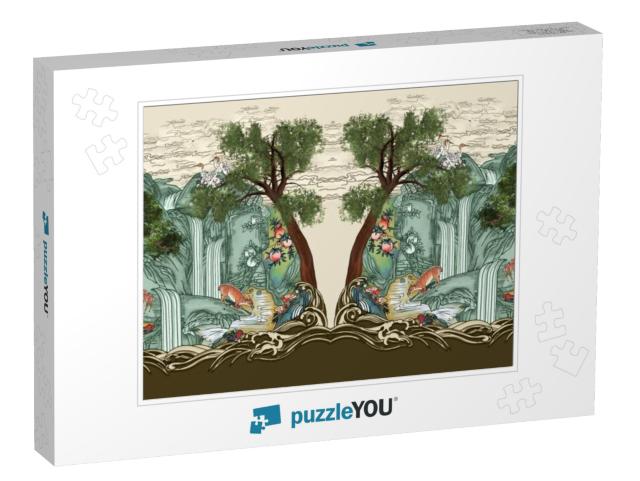 Water-Fall Watercolor Illustration Manually Digitally Enh... Jigsaw Puzzle