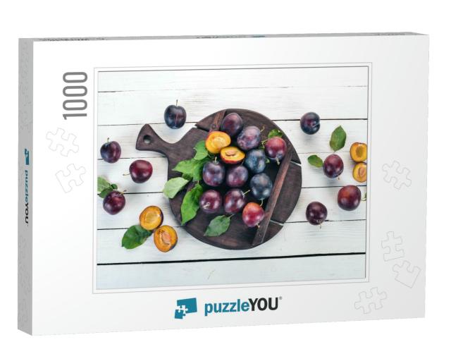 Fresh Plums with Leaves. Fruits. on a White Wooden Backgr... Jigsaw Puzzle with 1000 pieces