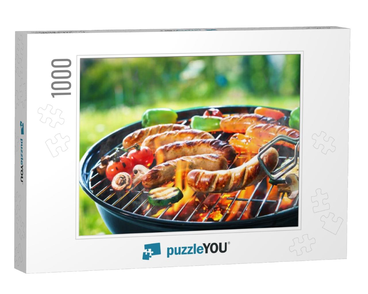 Grilled sausage on the picnic flaming grill Jigsaw Puzzle with 1000 pieces