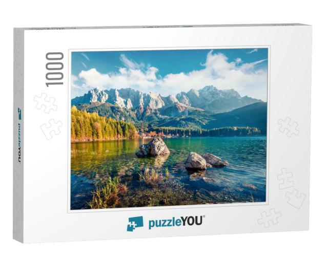 Sunny Evening Scene of Eibsee Lake with Zugspitze Mountai... Jigsaw Puzzle with 1000 pieces