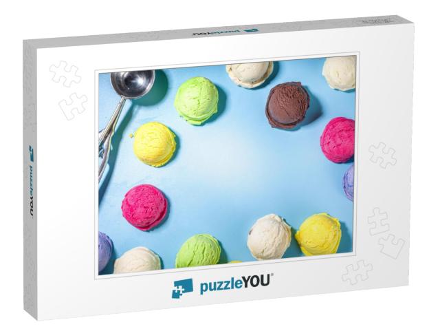 Colorful Various Ice Cream Scoops Pattern on Pastel Blue... Jigsaw Puzzle