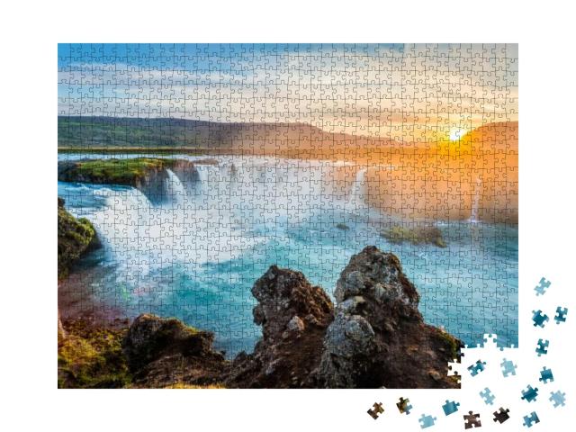 Godafoss Waterfall At Sunset, Iceland, Europe... Jigsaw Puzzle with 1000 pieces