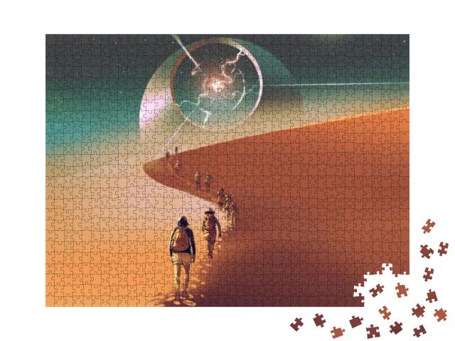 People Walking Through a Desert to the Mysterious Buildin... Jigsaw Puzzle with 1000 pieces