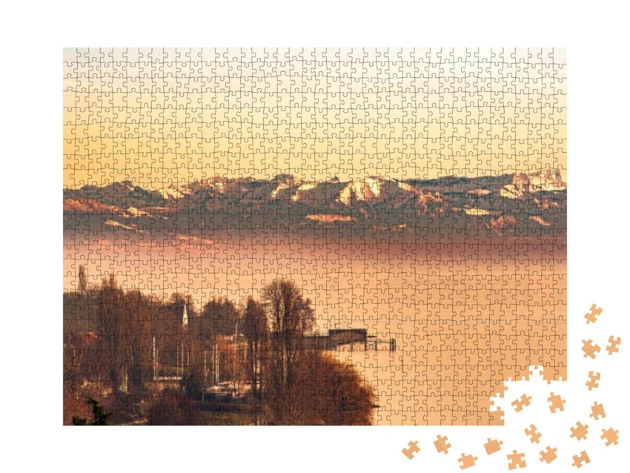 Afterglow of Beautiful Lake Constance with Swiss Alps in... Jigsaw Puzzle with 1000 pieces