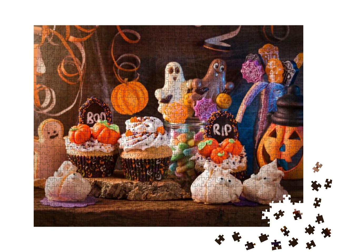 Sweets for Halloween Party on a Wooden Background... Jigsaw Puzzle with 1000 pieces