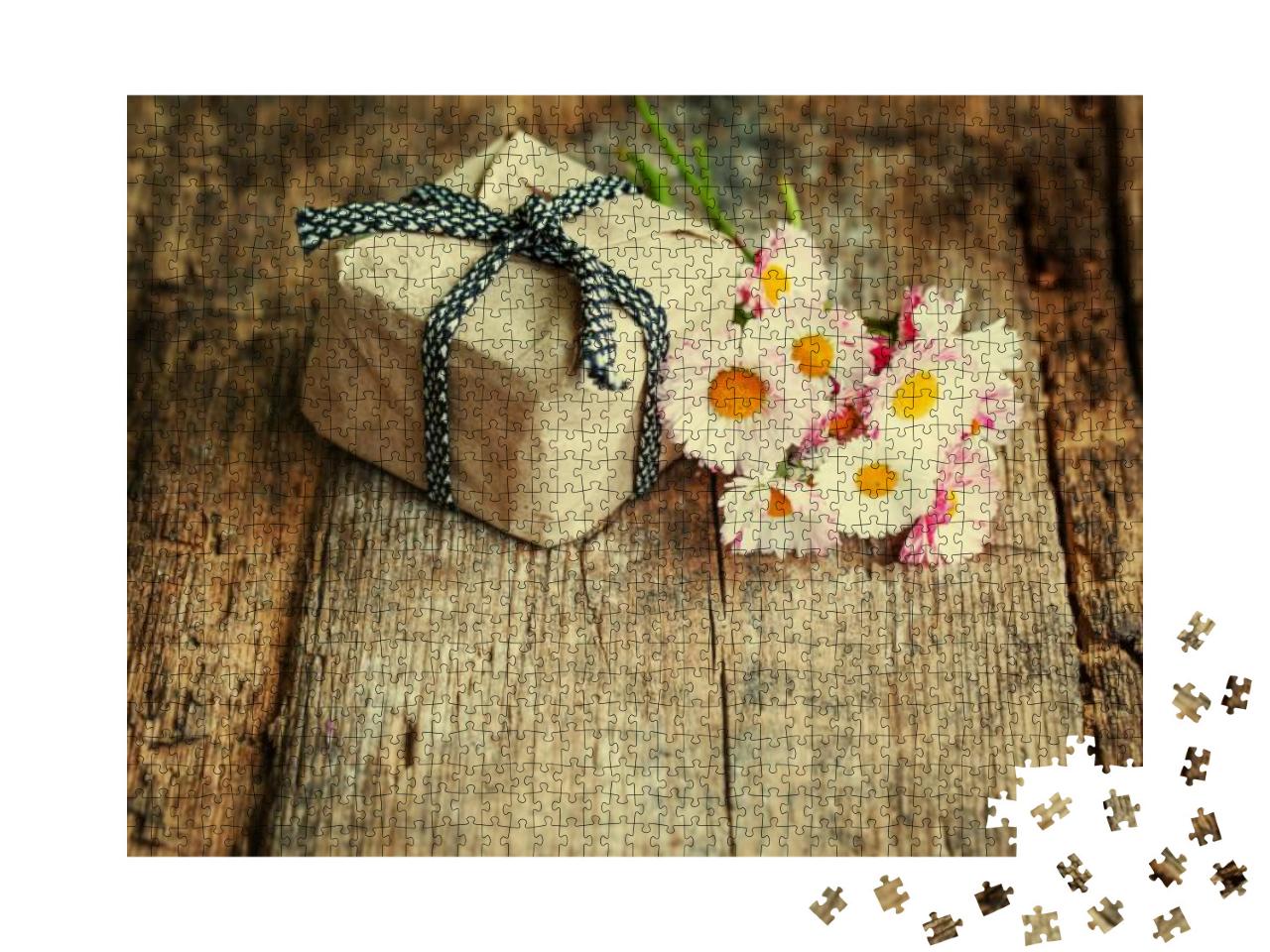 Flowers & Present Gift on Wooden Background/ Holiday Back... Jigsaw Puzzle with 1000 pieces