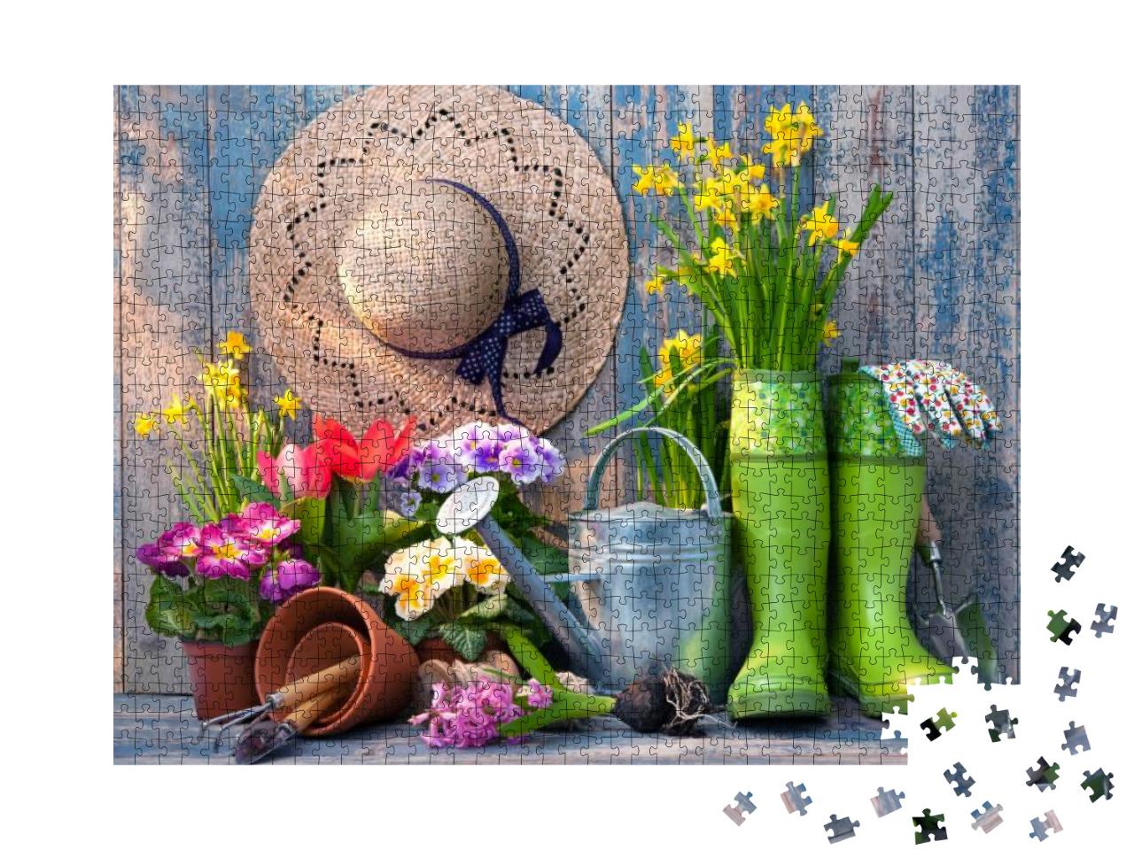 Gardening Tools & Flowers on the Terrace in the Garden... Jigsaw Puzzle with 1000 pieces