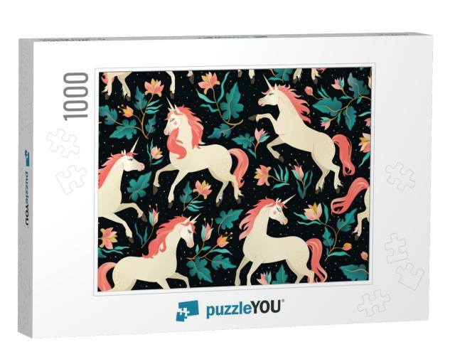 Unicorns on a Dark Background with a Fairy Forest. Seamle... Jigsaw Puzzle with 1000 pieces