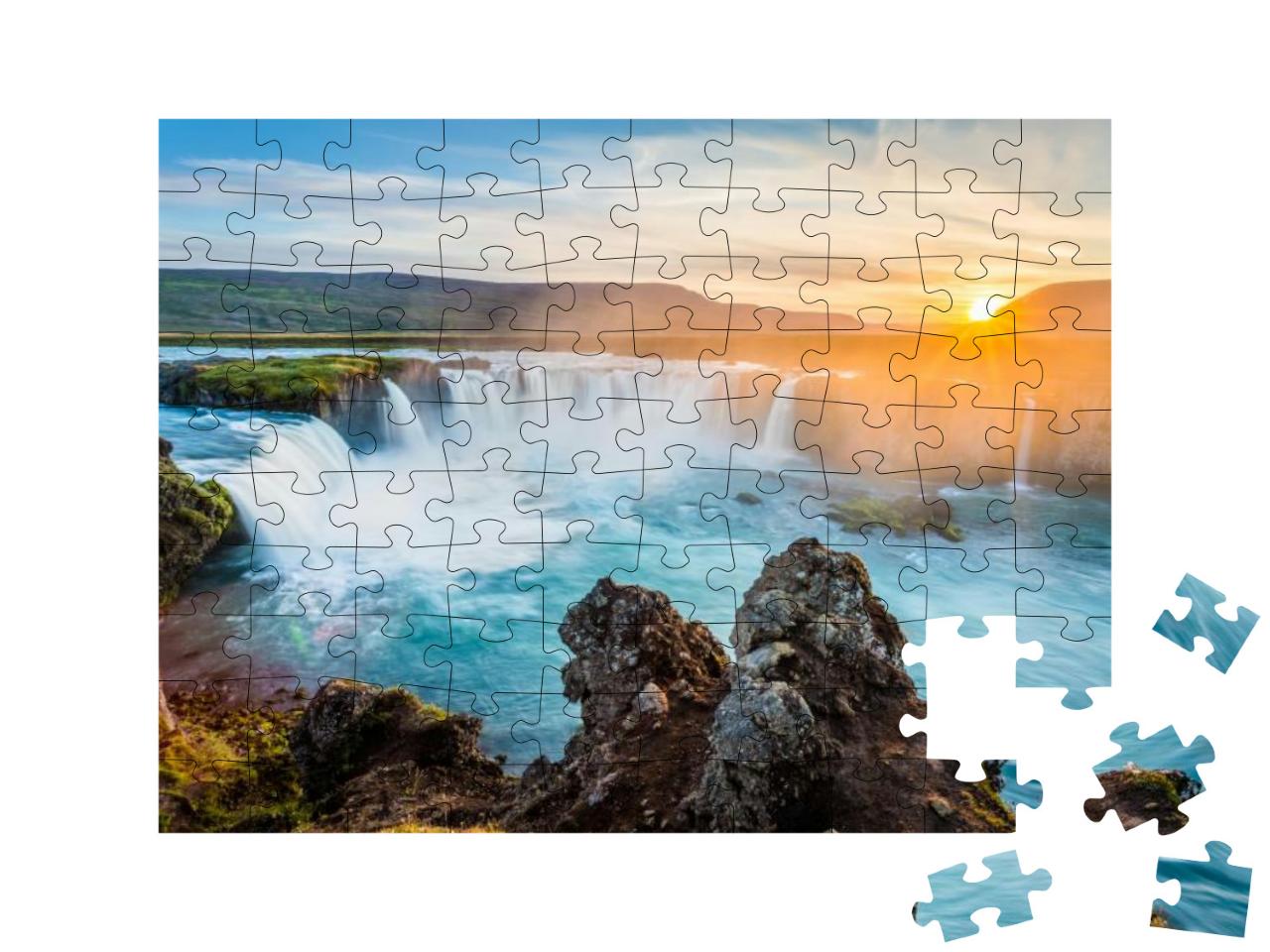 Godafoss Waterfall At Sunset, Iceland, Europe... Jigsaw Puzzle with 100 pieces