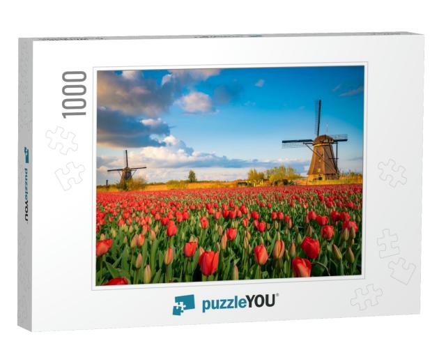 Beautiful Dutch Scenery with Traditional Windmills & Tuli... Jigsaw Puzzle with 1000 pieces
