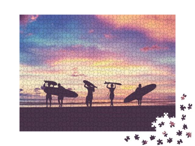 Silhouette of Surfer People Carrying Their Surfboard on S... Jigsaw Puzzle with 1000 pieces