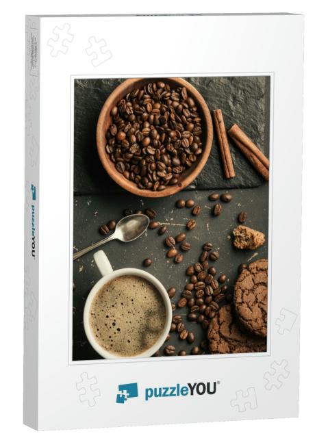 Black Fried Coffee Beans in Cafe with Cookie & Cake on Da... Jigsaw Puzzle