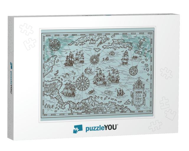 Old Map of the Caribbean Sea with Pirate Ships, Treasure... Jigsaw Puzzle