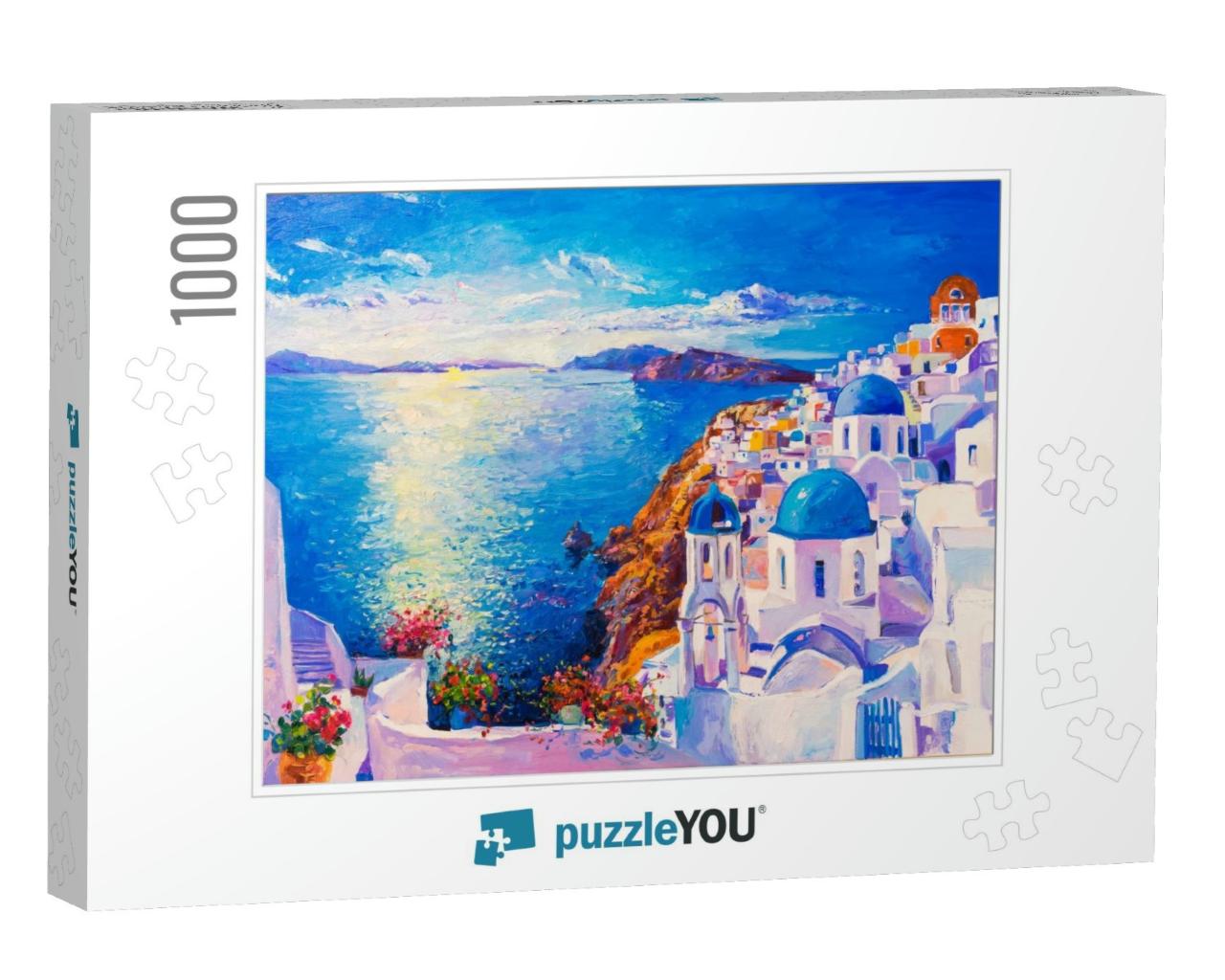 Original Oil Painting on Canvas. Blue Sea & White Houses... Jigsaw Puzzle with 1000 pieces