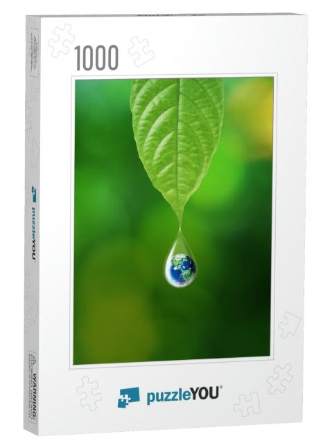 Earth in Water Drop Reflection Under Green Leaf, E... Jigsaw Puzzle with 1000 pieces