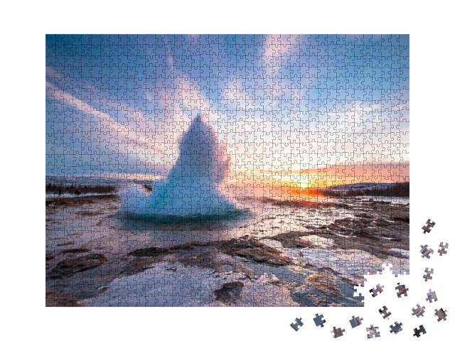 Eruption of Strokkur Geyser in Iceland. Winter Cold Color... Jigsaw Puzzle with 1000 pieces