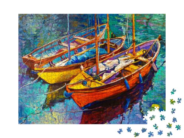 Original Oil Painting on Canvas. Boats & Sunset. Modern I... Jigsaw Puzzle with 1000 pieces