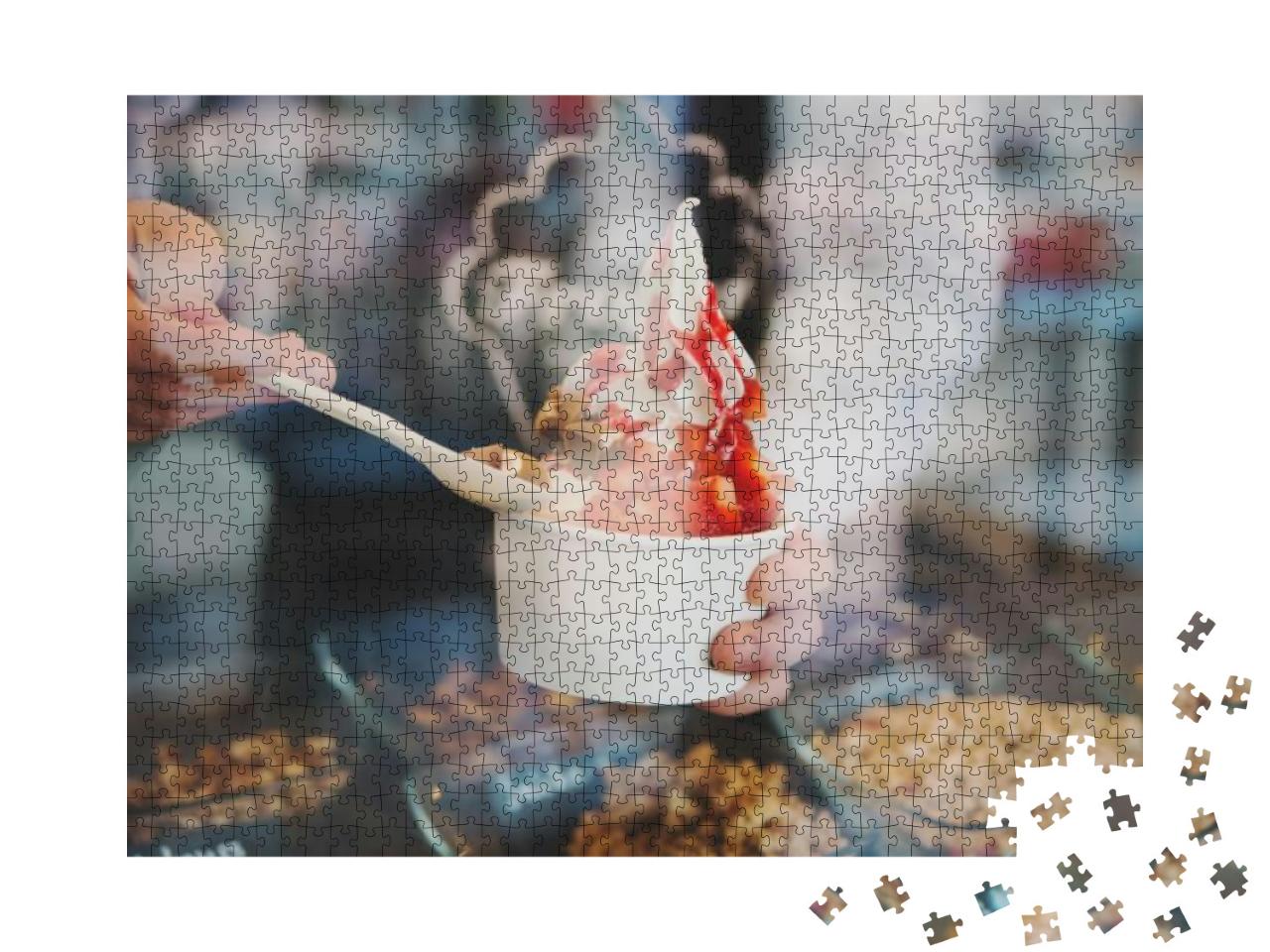Seller Pours Sauce on a Soft Frozen Yoghurt in White Take... Jigsaw Puzzle with 1000 pieces