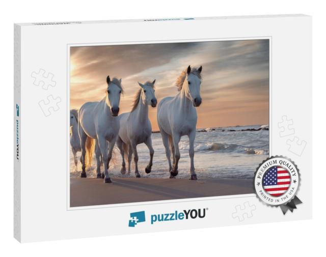 Herd of White Horses Running Through the Water. Image Tak... Jigsaw Puzzle