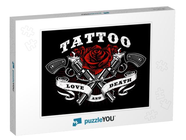 Guns & Roses Tattoo Design. Black & White Illustration wi... Jigsaw Puzzle