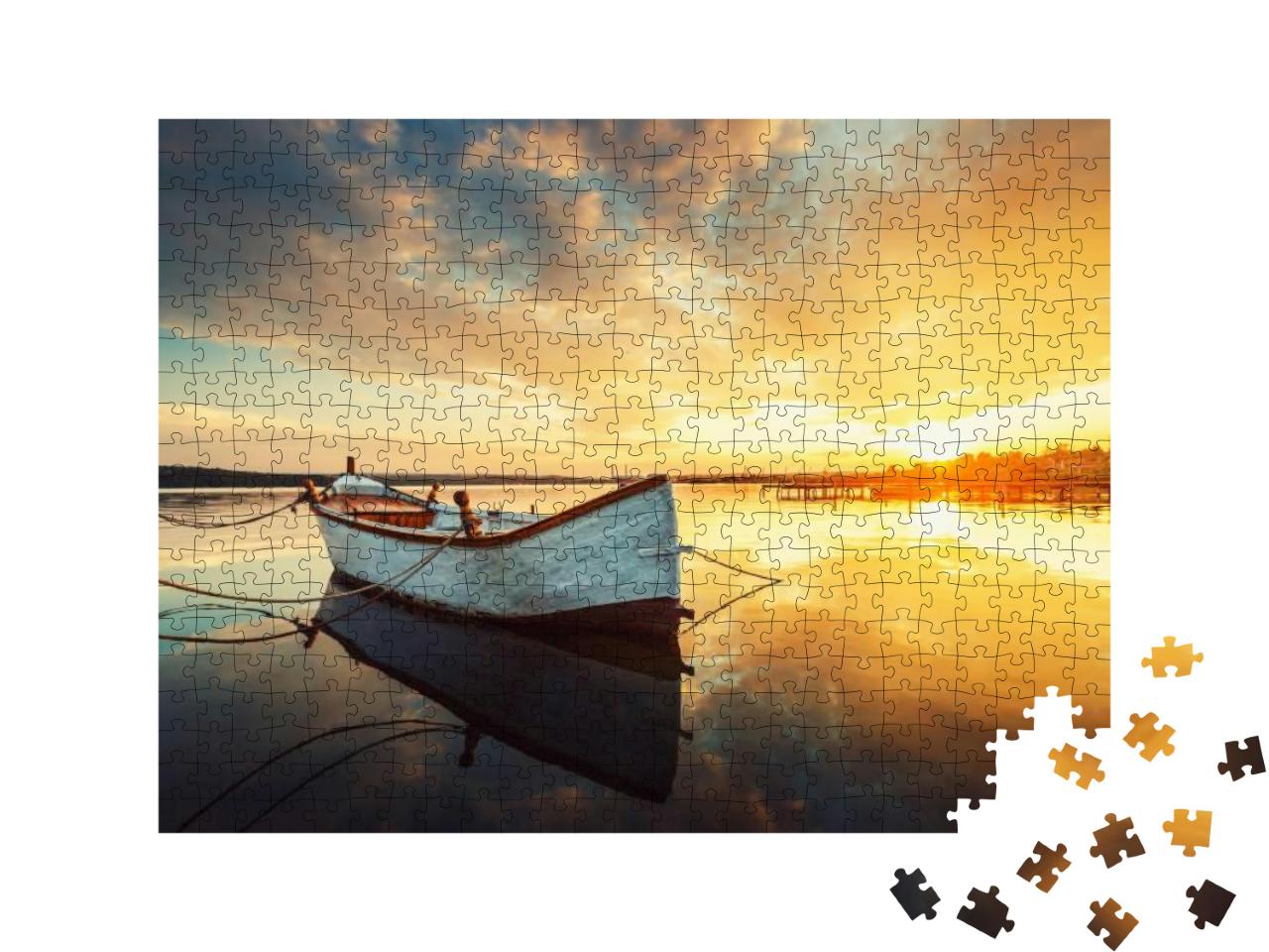Boat on Lake with a Reflection in the Water At Sunset... Jigsaw Puzzle with 500 pieces