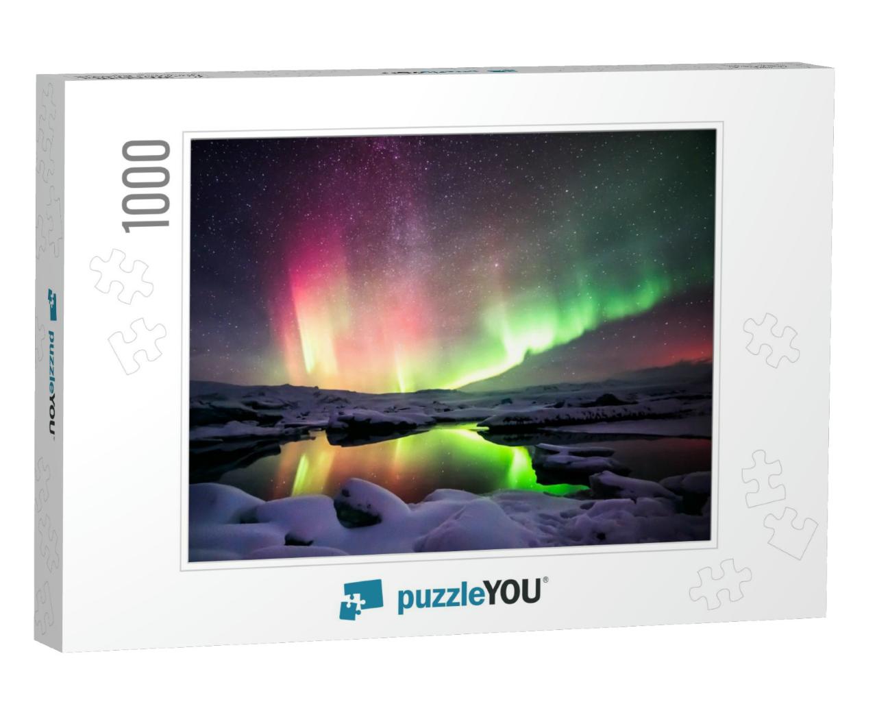 A Beautiful Green & Red Aurora Dancing Over the Jokulsarl... Jigsaw Puzzle with 1000 pieces