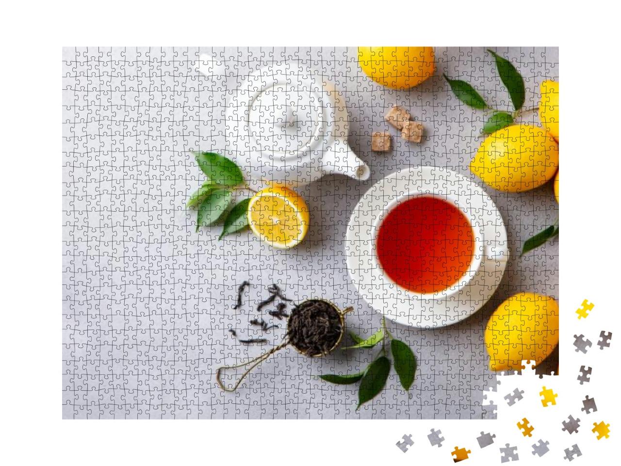 Tea Cup & Pot with Lemon. Grey Background. Copy Space. To... Jigsaw Puzzle with 1000 pieces