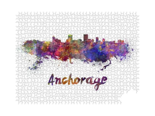 Anchorage Skyline in Watercolor Splatters with Clipping P... Jigsaw Puzzle with 1000 pieces