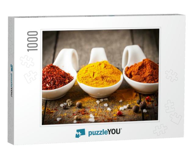 Spices. Spice in Wooden Spoon. Herbs. Curry, Saffron, Tur... Jigsaw Puzzle with 1000 pieces