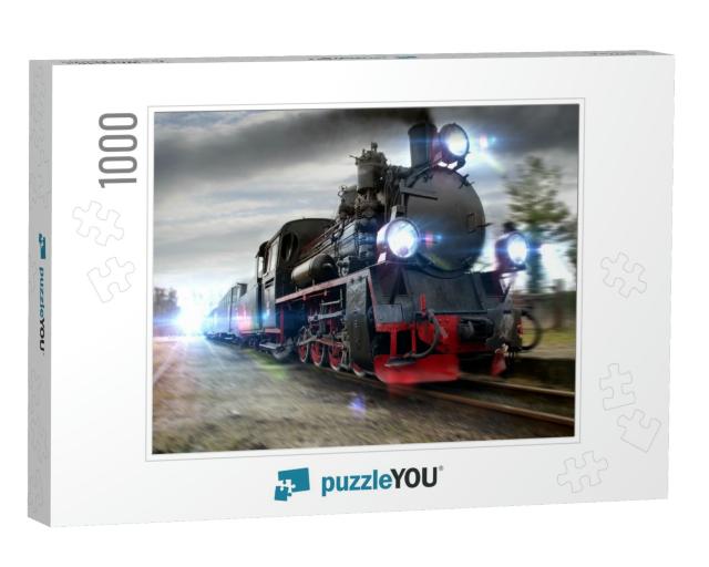 A Rushing Steam Locomotive. Moved Picture of Retro Train... Jigsaw Puzzle with 1000 pieces