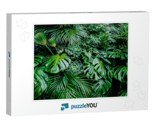 Tropical Green Leaves Background, Fern, Palm & Monstera D... Jigsaw Puzzle