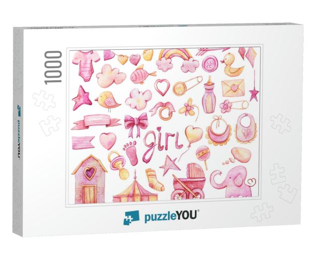 Watercolor Hand Painted Pink Girls Set. Its a Girl... Jigsaw Puzzle with 1000 pieces