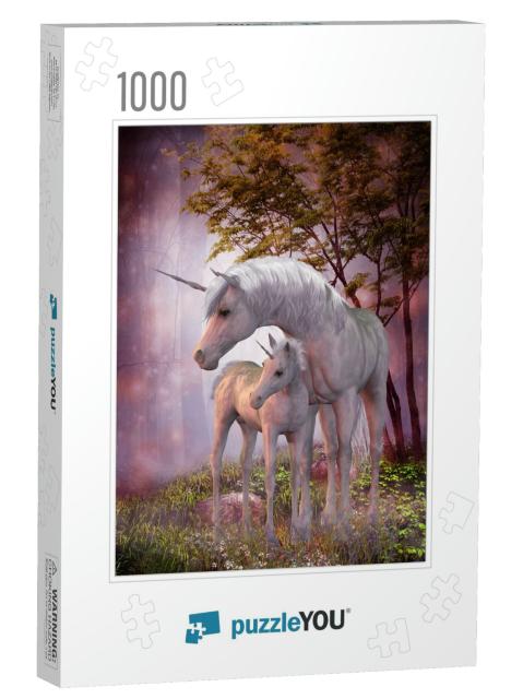 Unicorns Mare & Foal - a White Unicorn Doe & Fawn Spend T... Jigsaw Puzzle with 1000 pieces