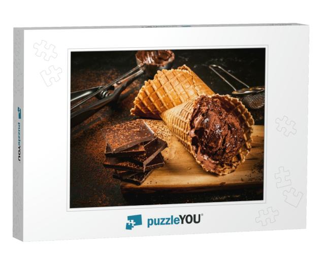 Homemade Chocolate Ice Cream in Waffle Cones, with a Spoo... Jigsaw Puzzle