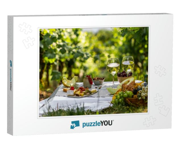 Picnic with Glasses of White Wine on a Vineyard. Two Glas... Jigsaw Puzzle