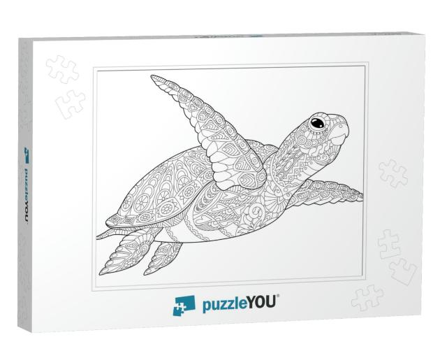 Stylized Underwater Turtle Tortoise, Isolated on White Ba... Jigsaw Puzzle