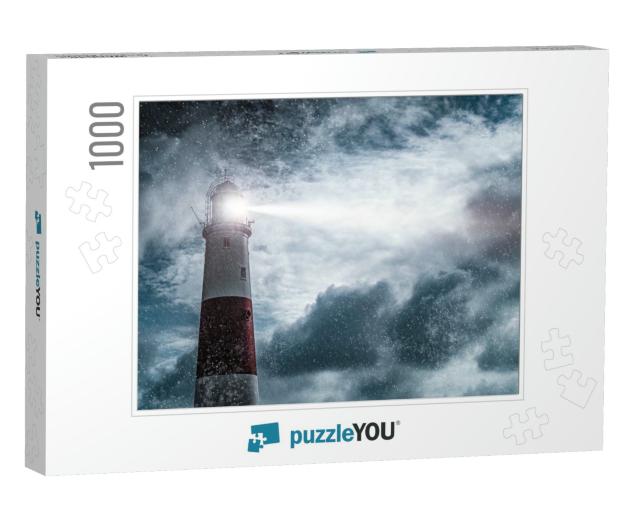 Large Red & White Lighthouse on a Rain & Storm Filled Nig... Jigsaw Puzzle with 1000 pieces