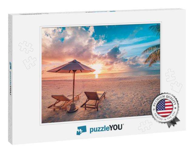 Beautiful Tropical Sunset Scenery, Two Sun Beds, Loungers... Jigsaw Puzzle