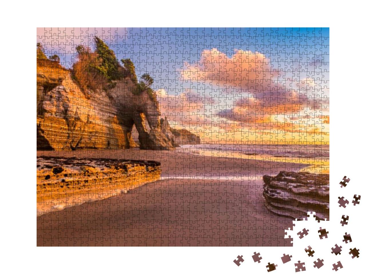 Sunset on a Rocky Beach in Taranaki District, New Zealand... Jigsaw Puzzle with 1000 pieces