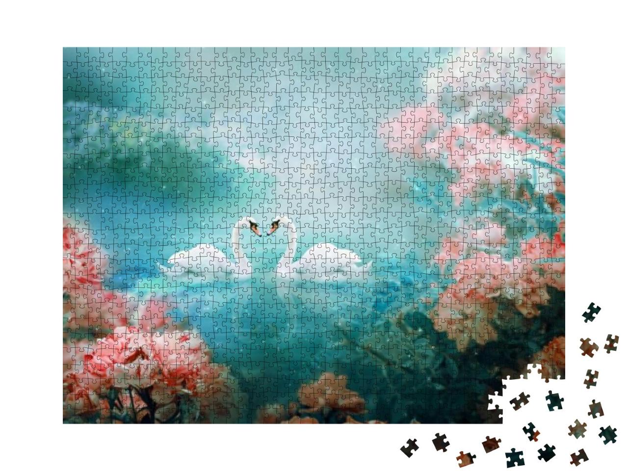 Two White Swans Couple Swimming in Lake, Fantasy Magical... Jigsaw Puzzle with 1000 pieces
