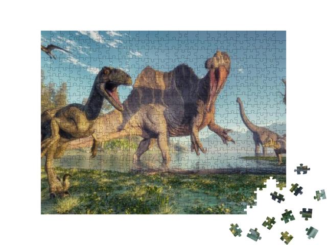 Spinosaurus & Deinonychus in the Jungle. This is a 3D Ren... Jigsaw Puzzle with 500 pieces