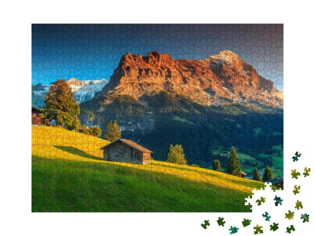 Amazing Swiss Alpine Mountain Landscape, Wooden Chalets o... Jigsaw Puzzle with 1000 pieces