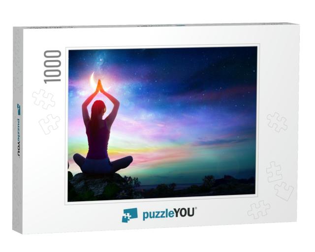 Woman Doing Yoga with Lotus Flowers & Chakra Gradient Col... Jigsaw Puzzle with 1000 pieces