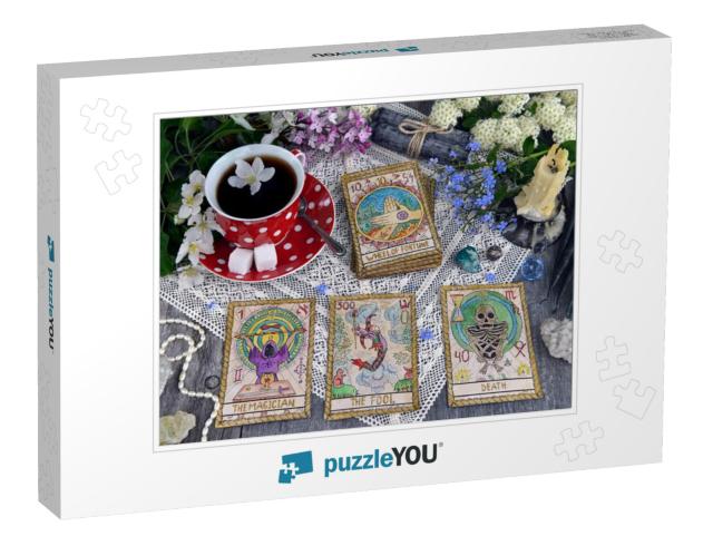 Tarot Cards with Cup of Tea, Flowers & Black Can... Jigsaw Puzzle